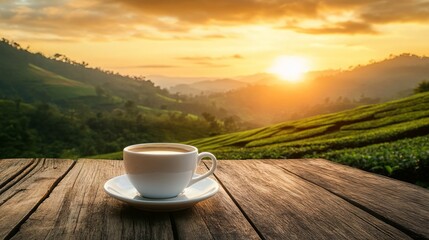 Coffee Cup on Wooden Table Overlooking Tea Plantation at Sunset in Mountain Forest. AI generated illustration