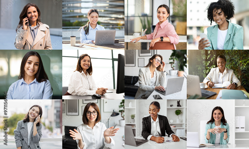 Aufkleber A diverse group of women is shown actively participating in different work-related tasks. Some are on phone calls, while others are working on laptops or engaging in discussions.