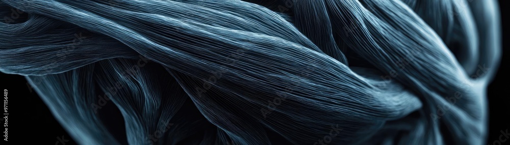Poster close-up of flowing dark blue strands creating an abstract, textured pattern on a black background, 