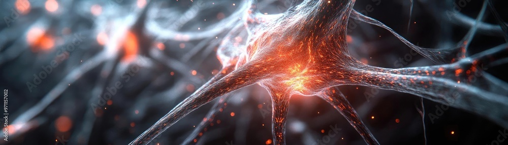Poster close-up view of a neuron with glowing synapses, illustrating neural activity and connectivity in a 