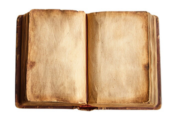 very old open book with yellow pages on transparent background, top view