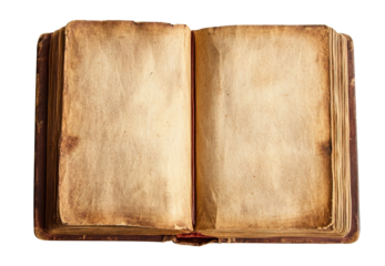very old open book with yellow pages on transparent background, top view