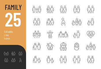 Family Line Editable Icons set. Vector illustration in thin line modern style of parenthood related icons: parents, grandparents, children, adoption, and more. Isolated on white
