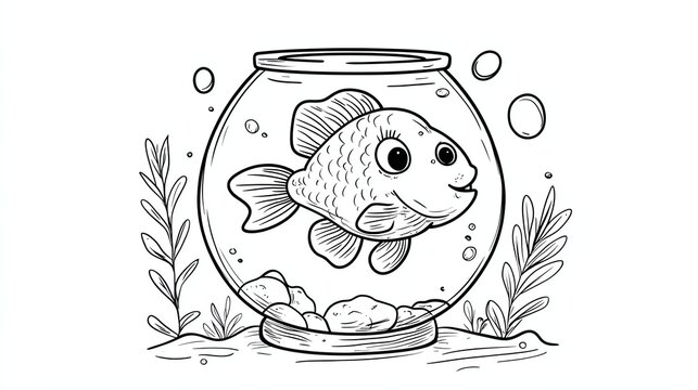 recommend clip art: A simple line drawing of a goldfish in a bowl, with bubbles and plants.