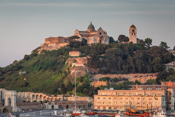 View of the port and city of Anocna in sunny spring day. Historical buildings and beautifull views.