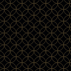 Abstract geometric pattern with circles, crosses, stripes, lines. Seamless vector background. Black and gold ornament. Modern reticulated graphic design.