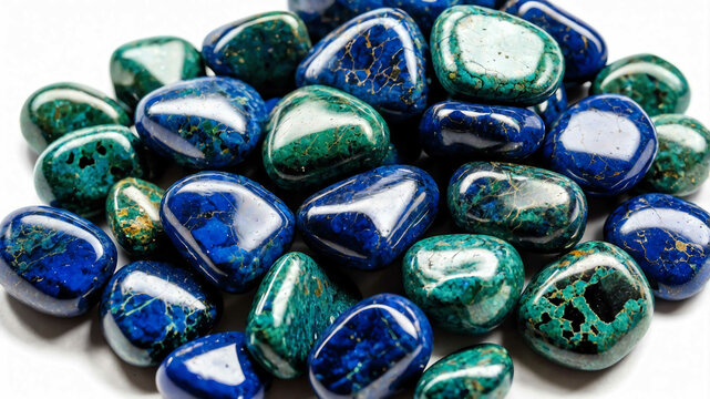 Tumbled azurite stone with plain white background