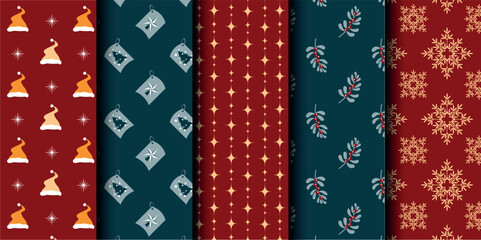 Fototapeta premium Set of Christmas vector seamless pattern. Merry Christmas and Happy New Year. Christmas symbols background. Vector red and blue seamless illustration
