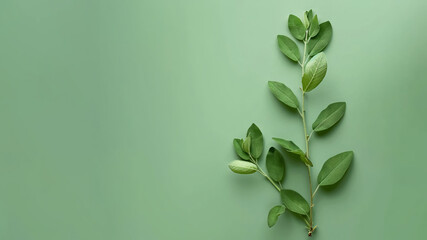 Fototapeta premium Fresh Sprig of Green Ruskus with Green Leaves: On a green color background with copy space.