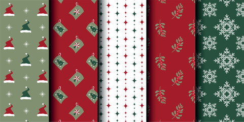 Set of Christmas vector seamless pattern. Merry Christmas and Happy New Year. Christmas symbols background. Vector red and green seamless illustration