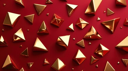 Obraz premium Golden geometric shapes on red background. Concept of luxury, wealth, and sophistication.