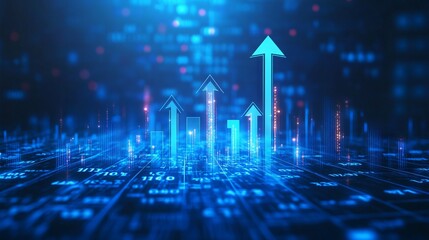 Blue Background with Upward Arrows and Growing Stock Market Graphs. AI generated illustration
