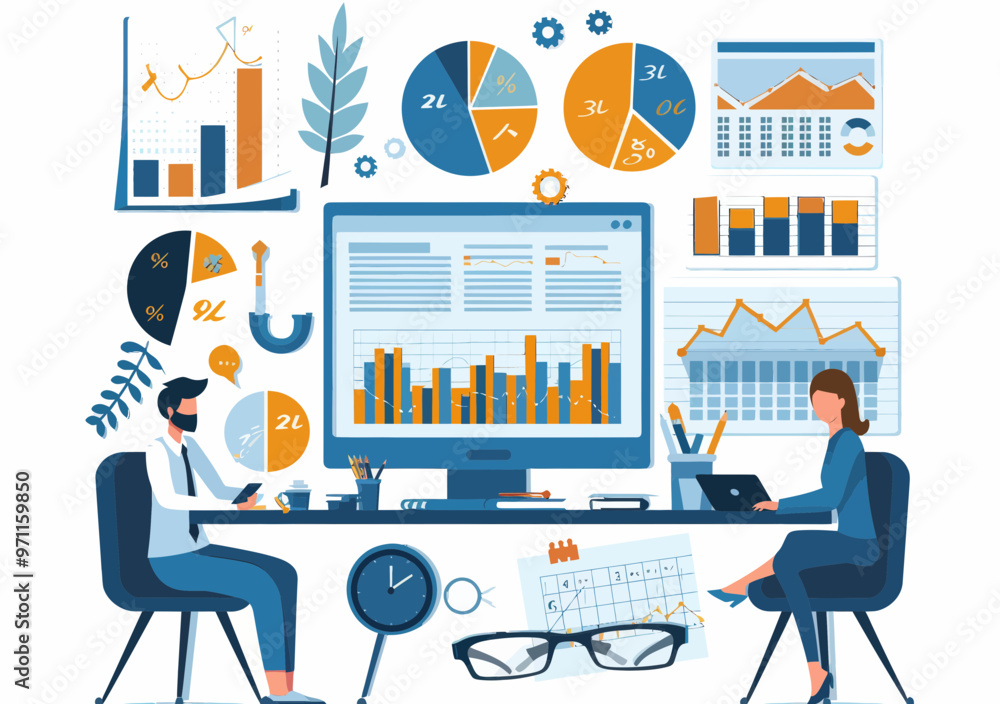 Poster business financial analysis and audit in office setting with charts and graphs on computer screens, 