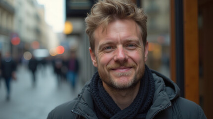 Fototapeta premium Confident Men Headshot – Vibrant Urban Portrait of Professional in Natural Street Setting