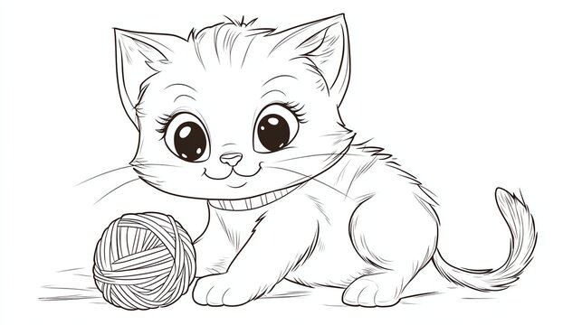 A black and white drawing of a cute cartoon kitten playing with a ball of yarn.