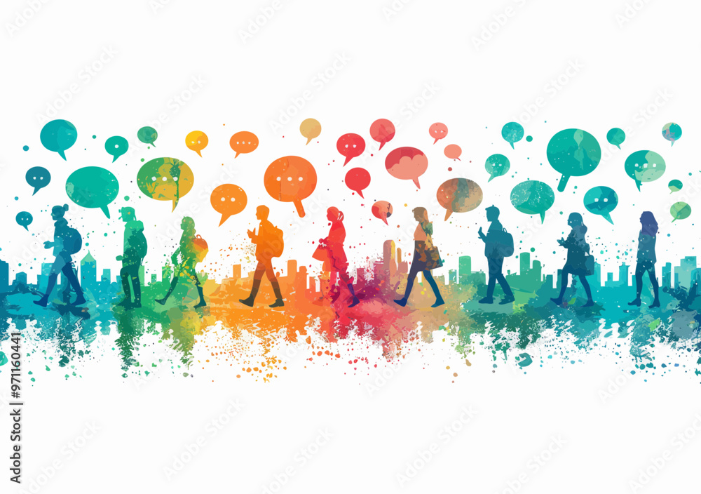 Poster digital communication and social networking concept: vibrant people with text bubbles illustrating o
