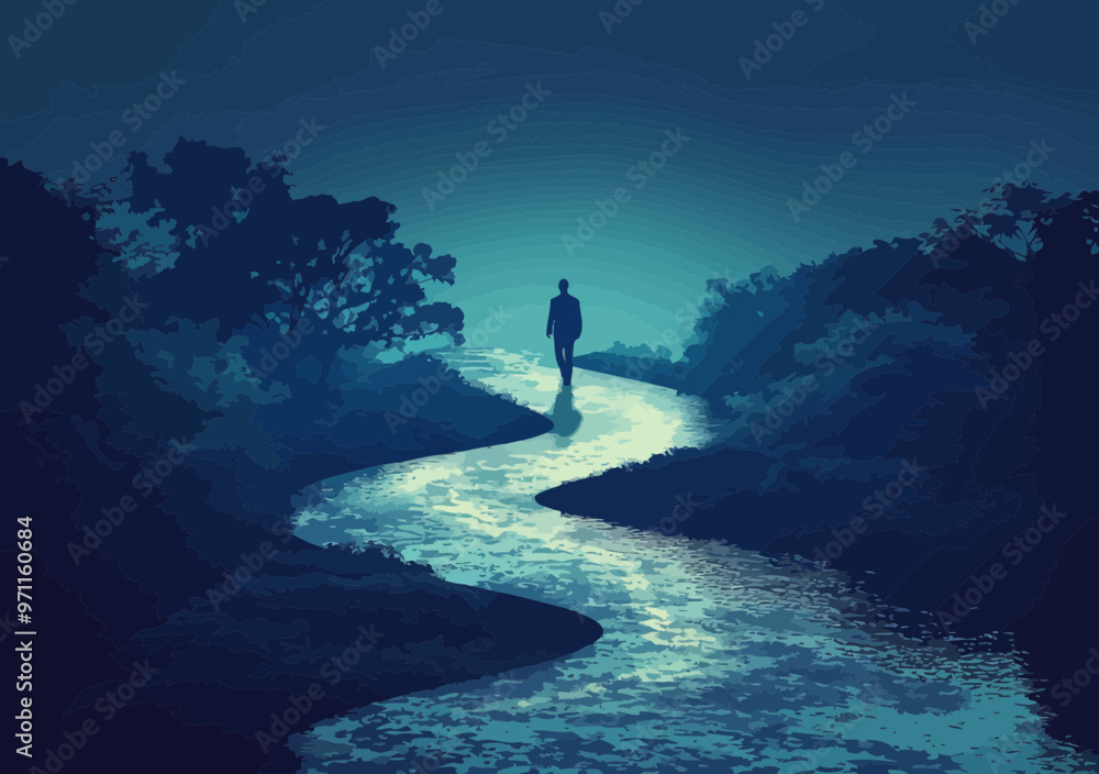 Poster businessman navigating a serpentine path in twilight - uncertainty and search for direction - minima
