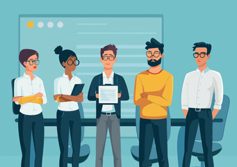 Obraz premium Business Team in Presentation Meeting Listening to Male Leader, Education and Training, Office Environment, Professional Teamwork, Minimalistic Vector Illustration