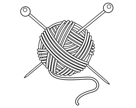 Threads and knitting needles - Knitting set - vector linear illustration for coloring, logo or pictogram. A round ball of yarn with stuck-in needles for a sign or icon. Outline	