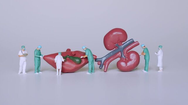Group of miniature surgeons and nurses conducting a procedure on huge liver and kidney models, illustrating medical practice and anatomy.