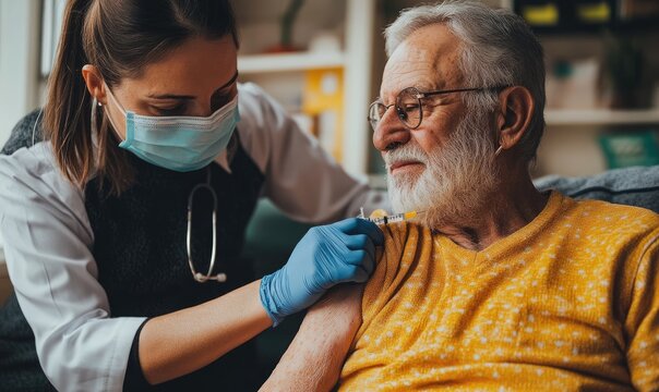 A healthcare professional administering a vaccine to an elderly man in a home setting. - Powered by Adobe