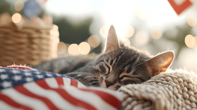 Patriotic Feline Serenity - Cats Resting on Cozy Blankets with American Flag Accents in a Warm Cream Setting Celebrating National Cat Day with a Touch of Home and Love