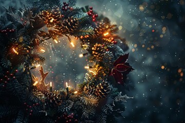 Festive christmas wreath with pine cones and lights