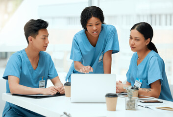 Meeting, people and diversity with laptop as medical students in teamwork, internship or clinic....