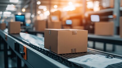 Close-Up of Boxes on Conveyor Belt in Warehouse with Blurred Office Background. AI generated illustration