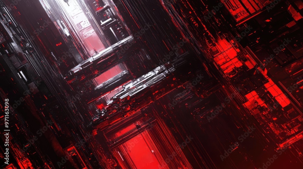 Poster dynamic 3d abstract structure with dark and red elements, showcasing a futuristic and digital atmosp