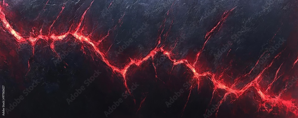 Poster a mesmerizing abstract texture featuring vibrant red cracks on a dark surface, evoking energy and mo