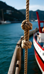 Obraz premium Close-up of knotted rope on a dock with a boat in the background