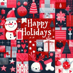 Festive Patchwork Christmas Icons Seamless Pattern with "Happy Holidays"

