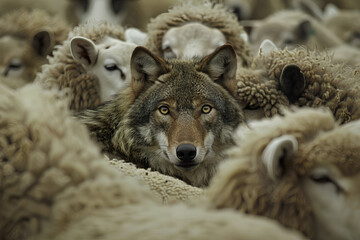 A wolf is hiding in a herd of sheep