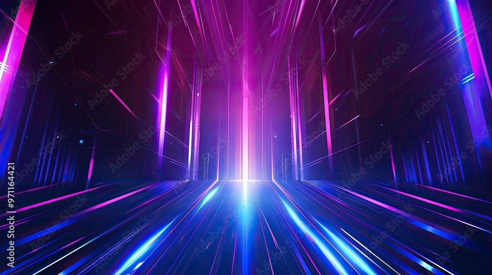 Poster a vibrant abstract representation of light beams and colors converging, creating a futuristic atmosp