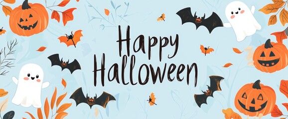 Halloween wallpaper pattern in cute cartoon style with symbols like a pumpkin, bat and ghost. Happy Halloween!
