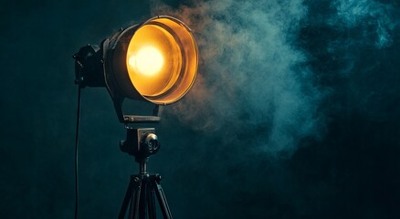 Vintage Spotlight with Smoke on Black Background, Old Movie Theater Light on Tripod. AI generated illustration