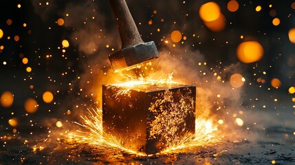 Blacksmith Hammering Iron with Sparks Flying in a Dramatic Action Scene. AI generated illustration
