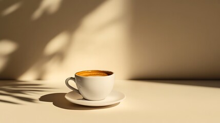Hot espresso in a small cup, set against a minimalist background with ample space for design