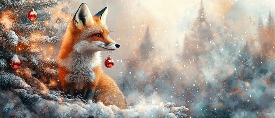 creative animal concept, A crafty fox hanging an ornament on a Christmas tree, with a vibrant holiday party scene in the background and plenty of space for copy