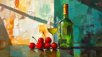 Image of A colorful abstract image resembling cubist style, featuring a wine bottle, a glass of white wine, and ripe cherries in the foreground printed on Printed Glass Splashbacks