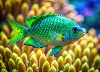 Vibrant green damselfish swims amidst coral reef, its iridescent scales catching sunlight, showcasing nature's beauty in the crystal-clear turquoise waters of a tropical ocean paradise.