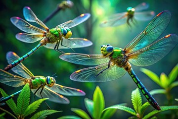 Vibrant green dragonflies with iridescent wings and long slender bodies hover in mid-air, their large multifaceted eyes shining brightly as they dart through lush foliage.