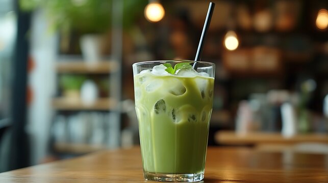 Iced matcha latte in a clear glass with a straw, placed on a wooden surface with plenty of free space