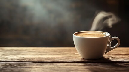 Obraz premium Steaming cup of black coffee on a wooden surface, with a minimalist background providing plenty of space for design
