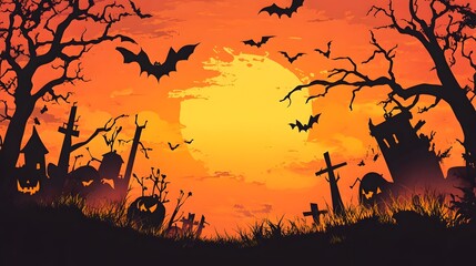 Spooky Haunted Halloween Graveyard Scene with Bats and Full Moon