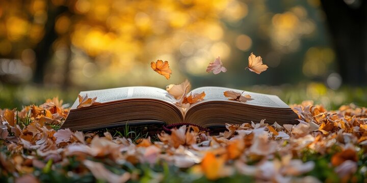 Autumn leaves surround an open book as golden light filters through trees in a peaceful outdoor setting. Generative AI