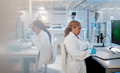 Scientist, woman and notebook with writing in lab for medical research, sample test and virus...