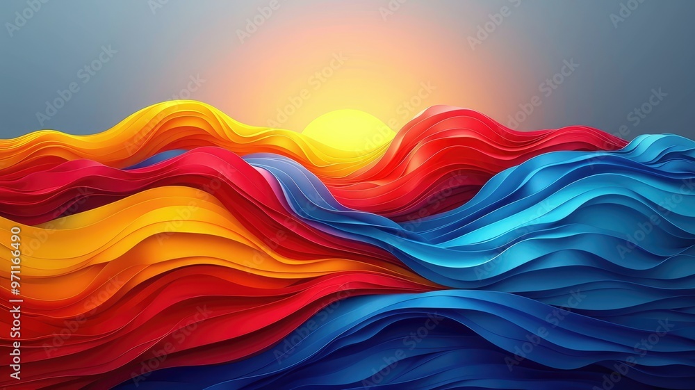 Poster a vibrant abstract representation of waves with a sunset backdrop, showcasing flowing colors and dyn