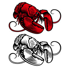 Lobster in engraving style, color and black vector illustration isolated on white